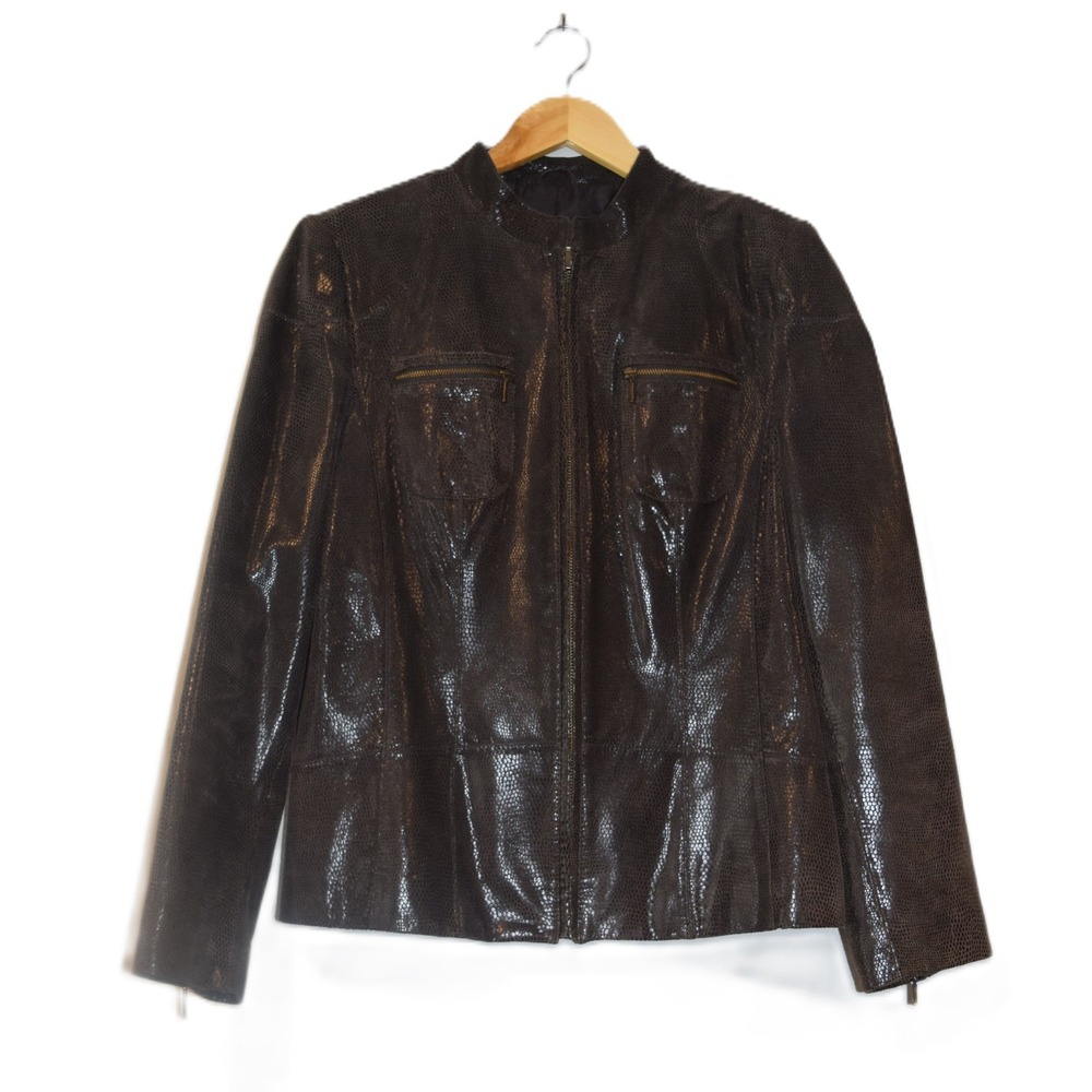 Alfani Womens Genuine Leather Snake Print Jacket Brown Zipper Pockets‎ Size M